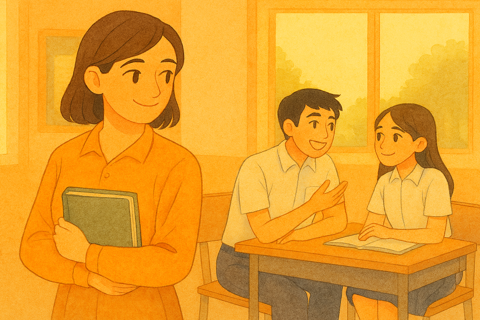 Cô giáo trẻ mỉm cười nhìn hai học sinh đang cười nói với nhau trong lớp học
