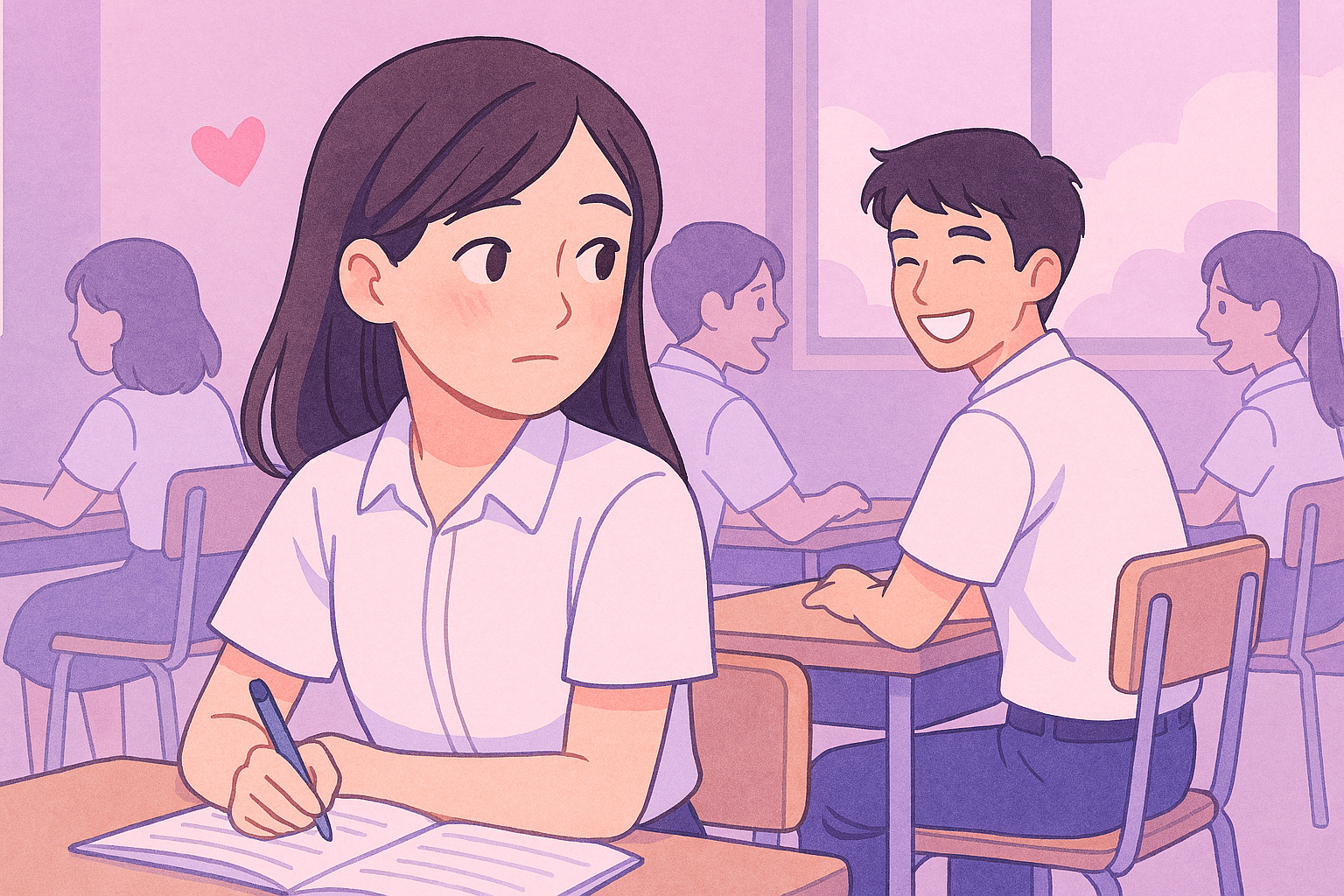 Cô bạn nữ sinh nhìn lén bạn nam cùng lớp với ánh mắt bẽn lẽn trong lớp học"