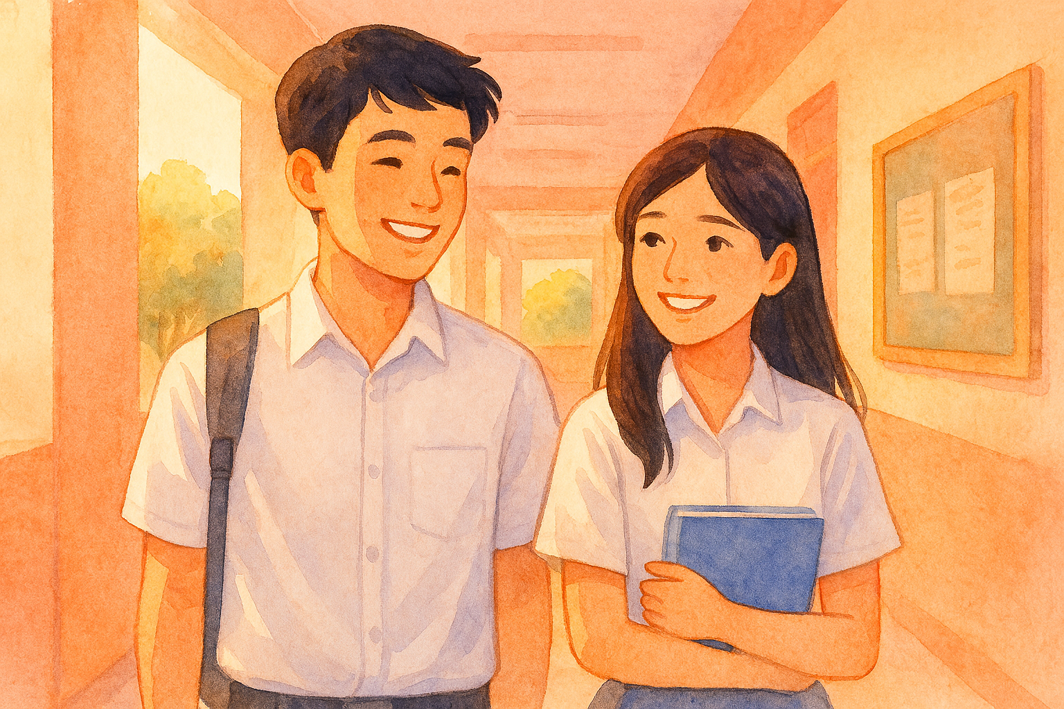 Hai bạn học sinh cấp 3 cười vui vẻ trên hành lang trường học với ánh nắng chiều