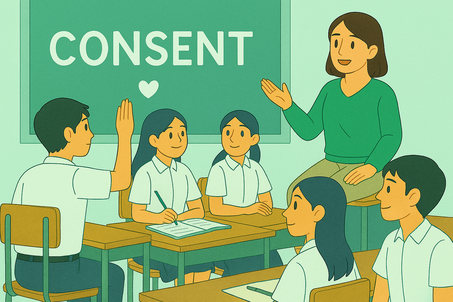 Nhóm học sinh ngồi nghe giáo viên giảng bài về sức khỏe sinh sản trong lớp học