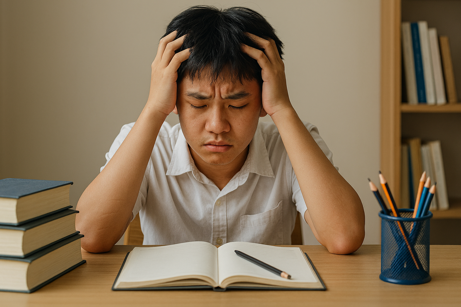 Học sinh Việt Nam ngồi tại bàn học với biểu cảm căng thẳng và mệt mỏi do stress học đường