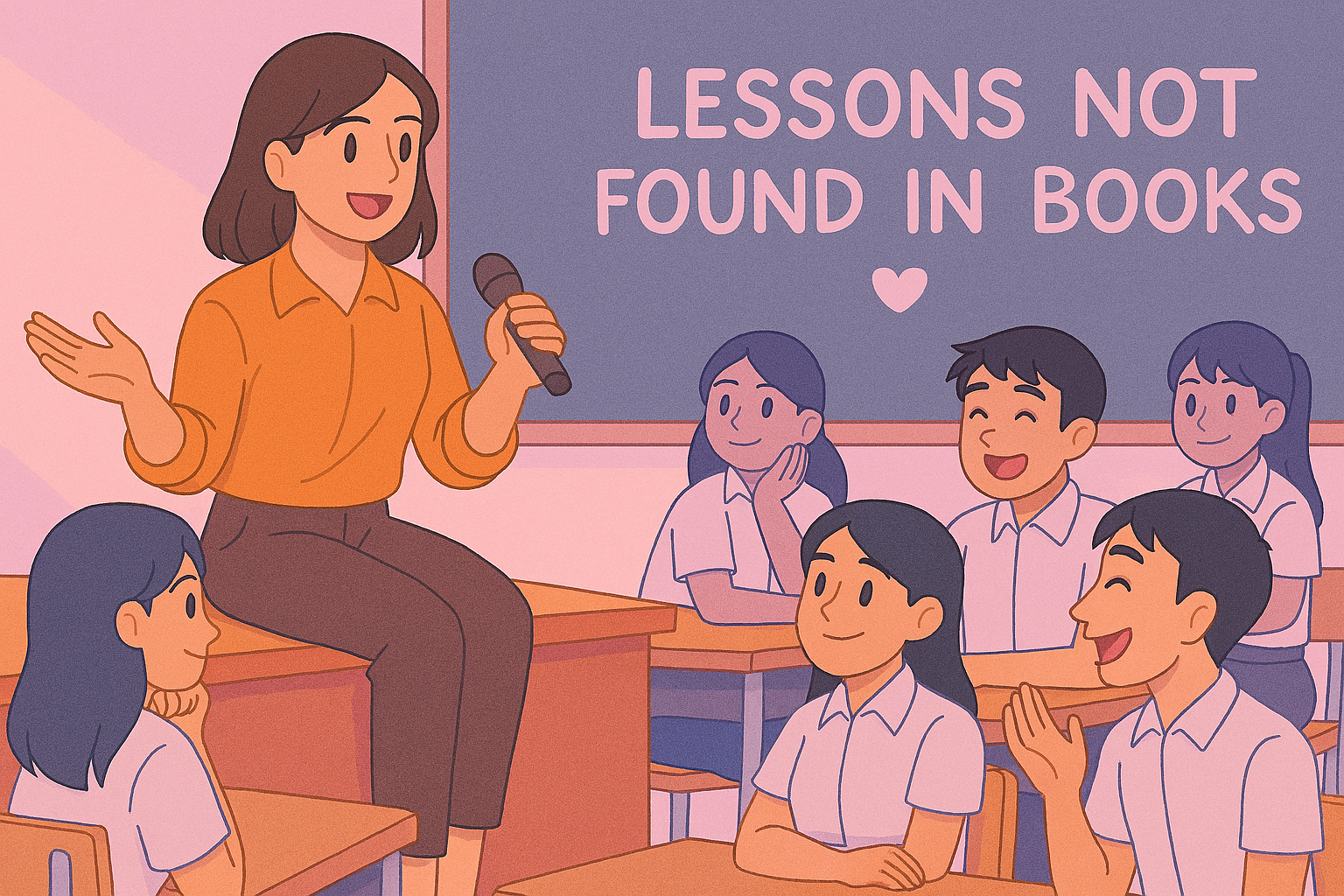 Cô giáo ngồi trên bàn giáo viên kể chuyện, cả lớp lắng nghe say mê