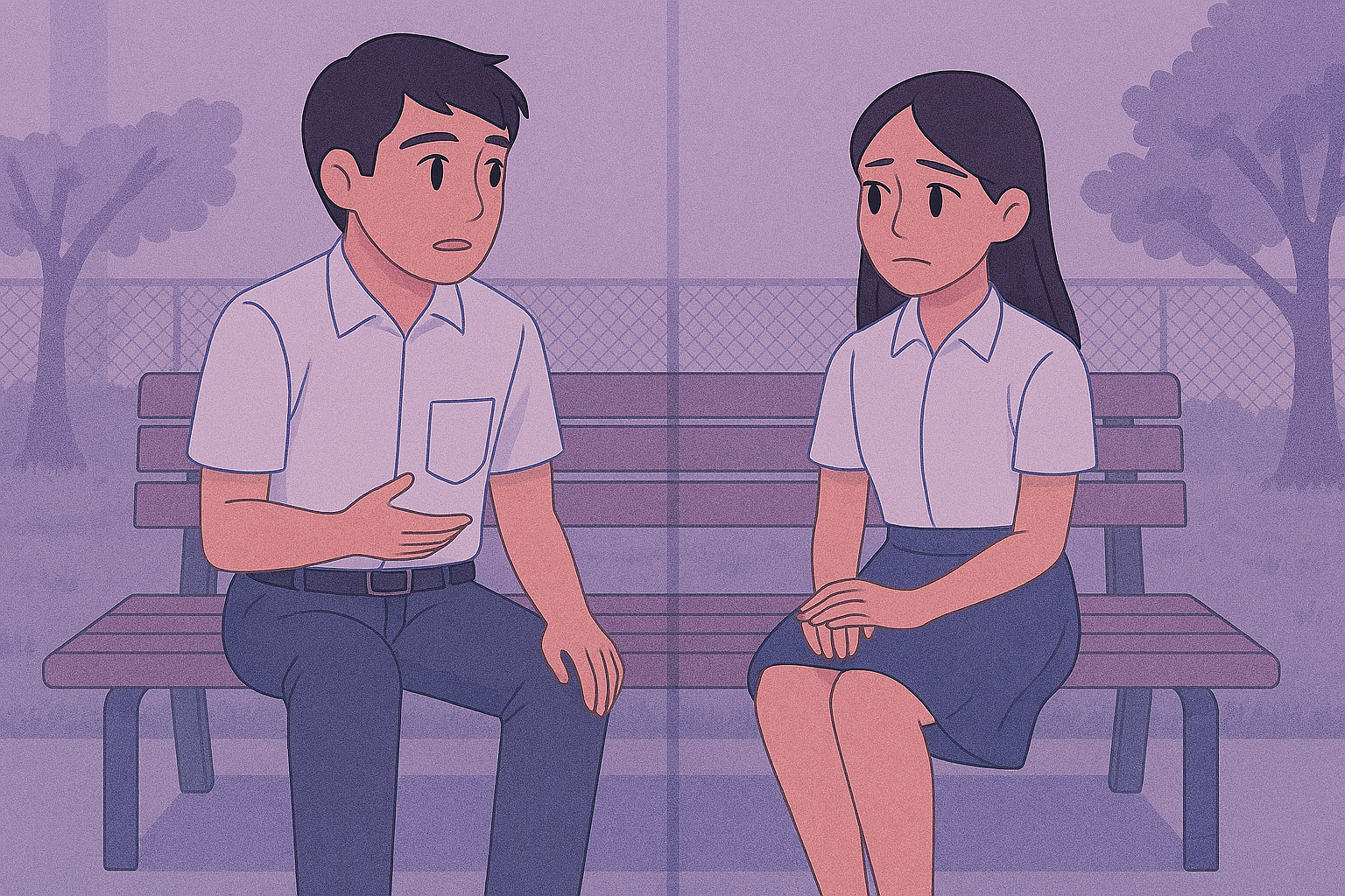Hai bạn trẻ ngồi nói chuyện nghiêm túc trên ghế đá công viên trường học