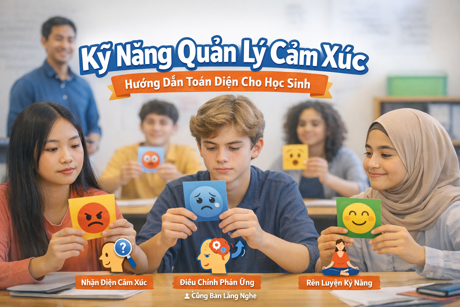 Học sinh ngồi trong lớp học thực hành bài tập nhận diện cảm xúc với biểu cảm tập trung