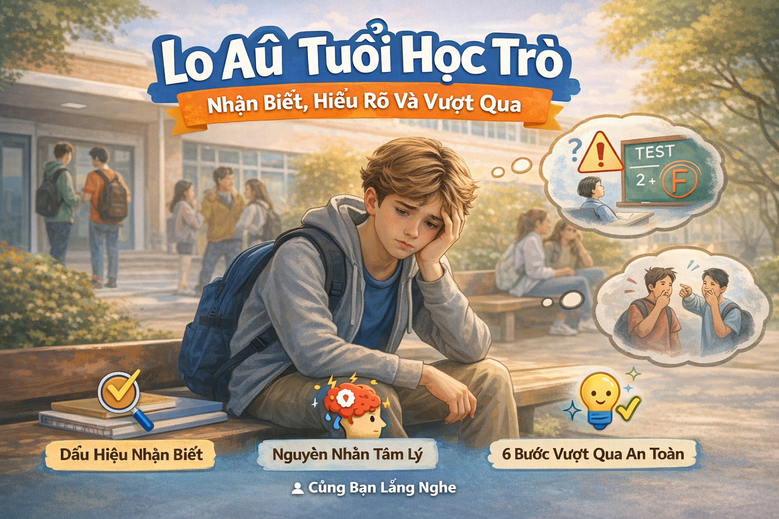 Học sinh ngồi một mình trên ghế dài sân trường với biểu cảm lo lắng suy tư