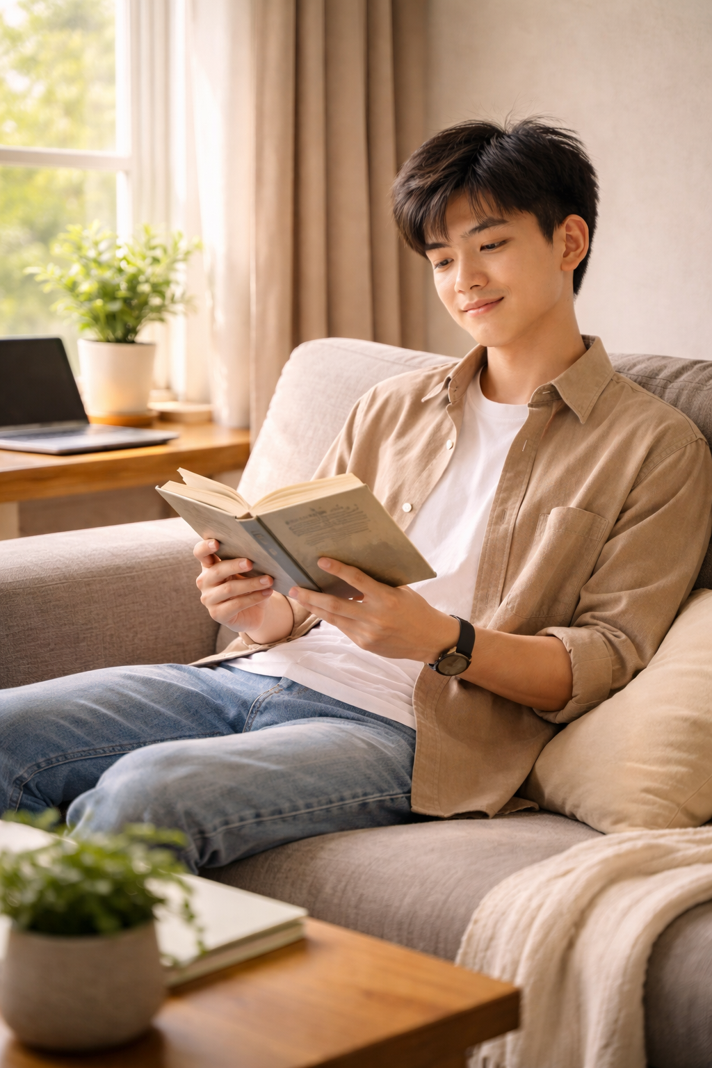 Một bạn sinh viên ngồi trên ghế sofa cạnh cửa sổ, tay cầm một quyển sách giấy, laptop gập trên bàn phía sau — không khí bình yên