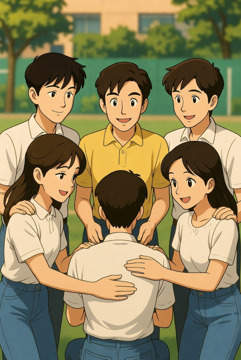 Một nhóm học sinh đứng cùng nhau bảo vệ một bạn ngồi giữa biểu thị sự đoàn kết