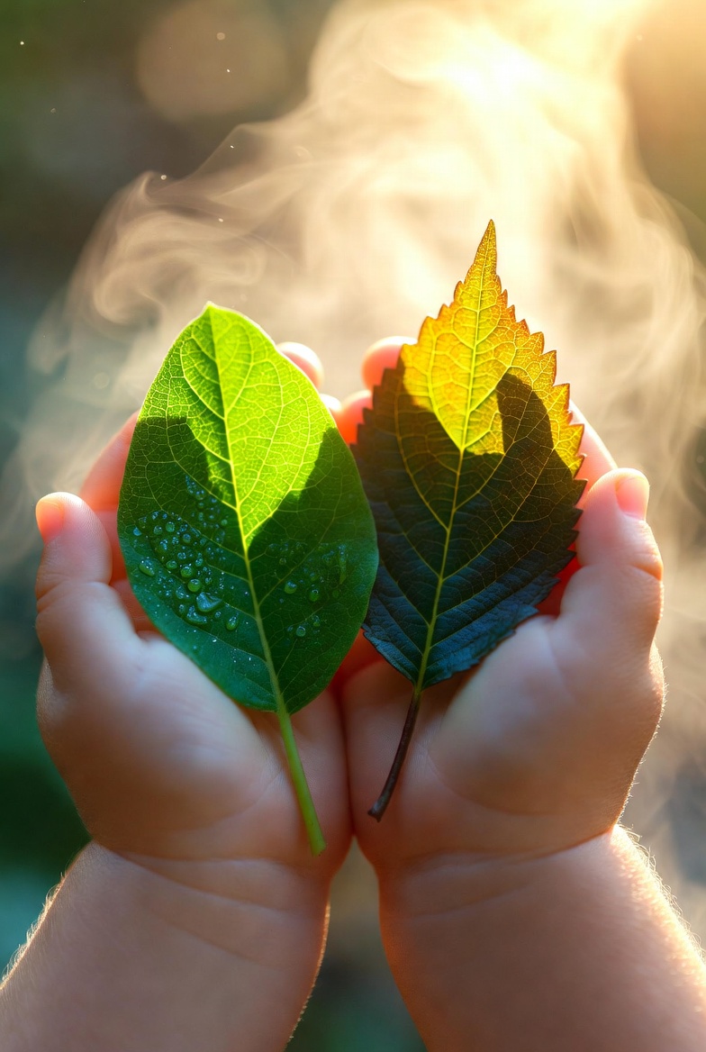 Hai bàn tay nhỏ đang cầm hai chiếc lá khác nhau dưới ánh sáng buổi sáng thể hiện sự độc đáo của mỗi người