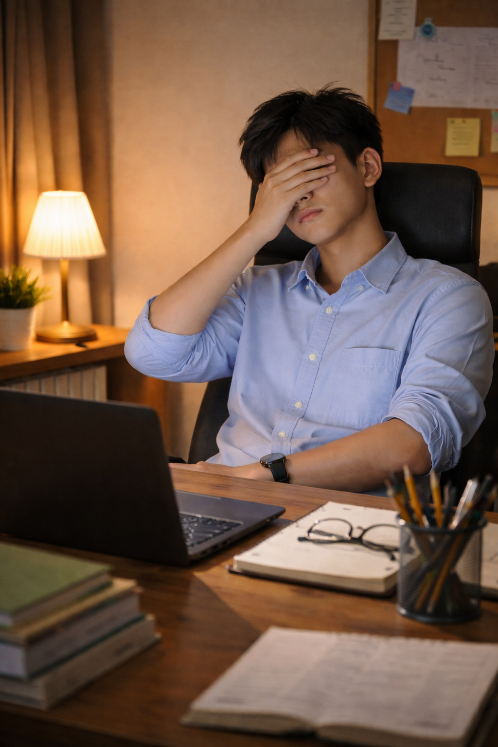 Một bạn sinh viên dựa lưng vào ghế, tay che mắt, laptop trước mặt vẫn sáng — khung cảnh học bài muộn