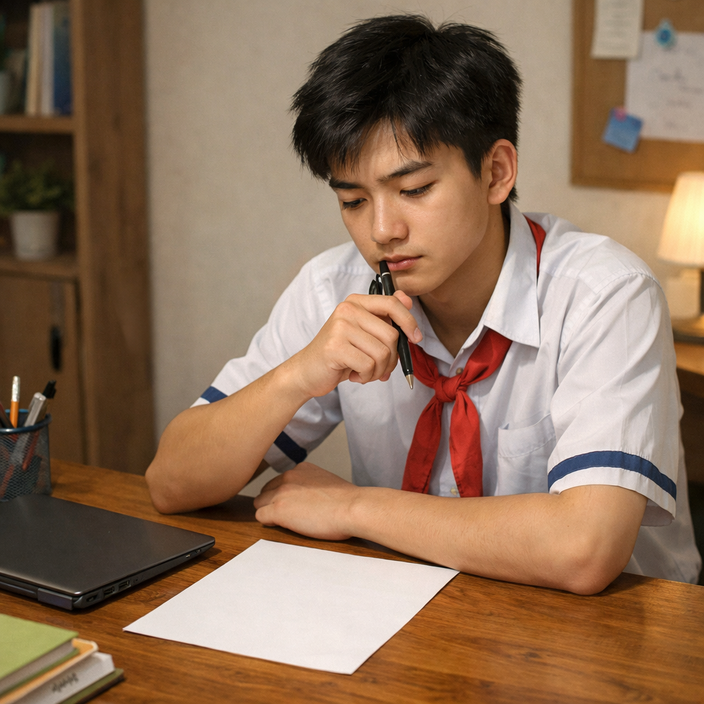 Một bạn học sinh ngồi trước bàn học, tay cầm bút nhìn trang giấy trắng, laptop gập lại bên cạnh — biểu cảm suy tư