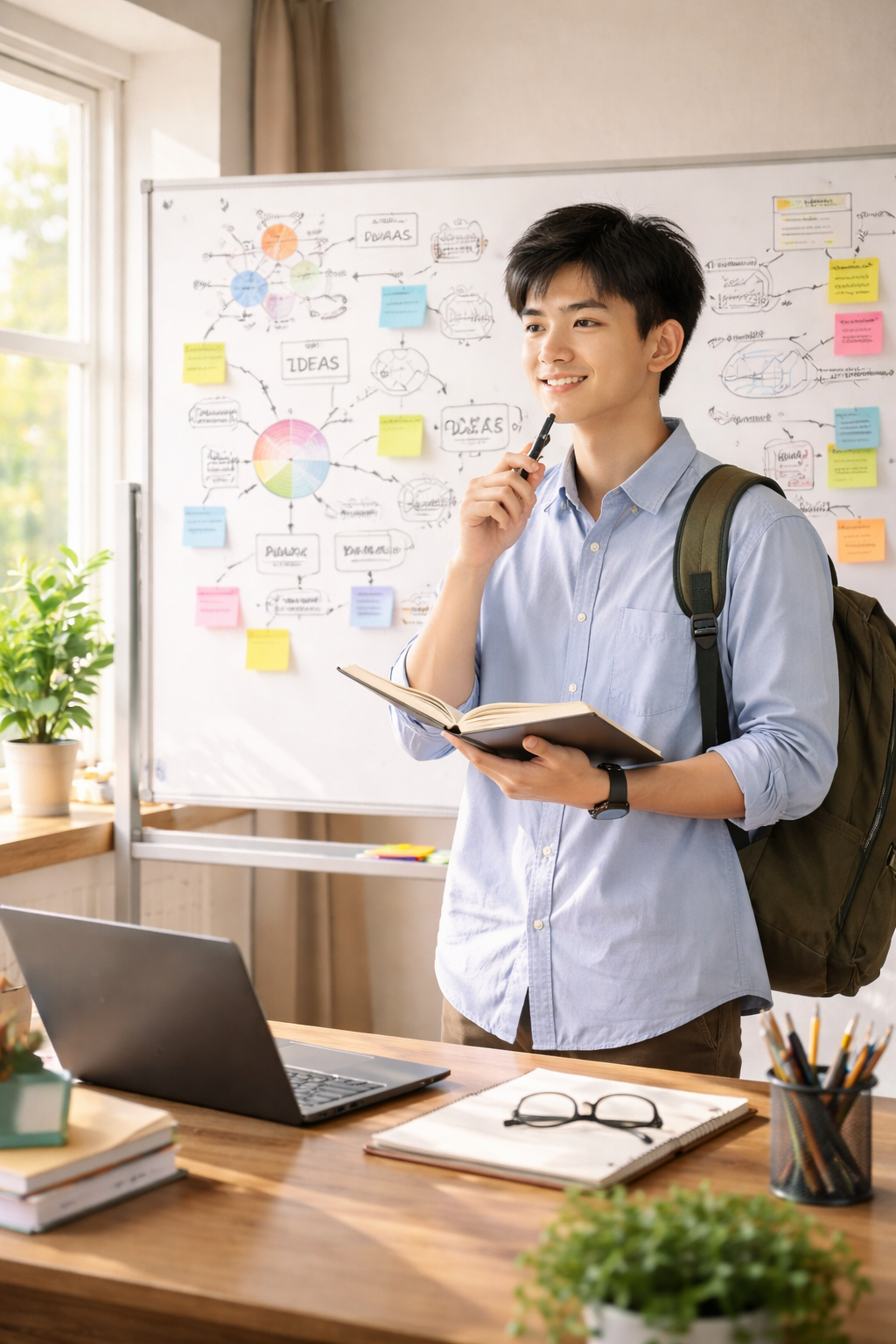 Một bạn sinh viên đứng trước bảng trắng có nhiều sơ đồ ý tưởng, trên bàn có laptop và sổ ghi chép, ánh sáng buổi sáng