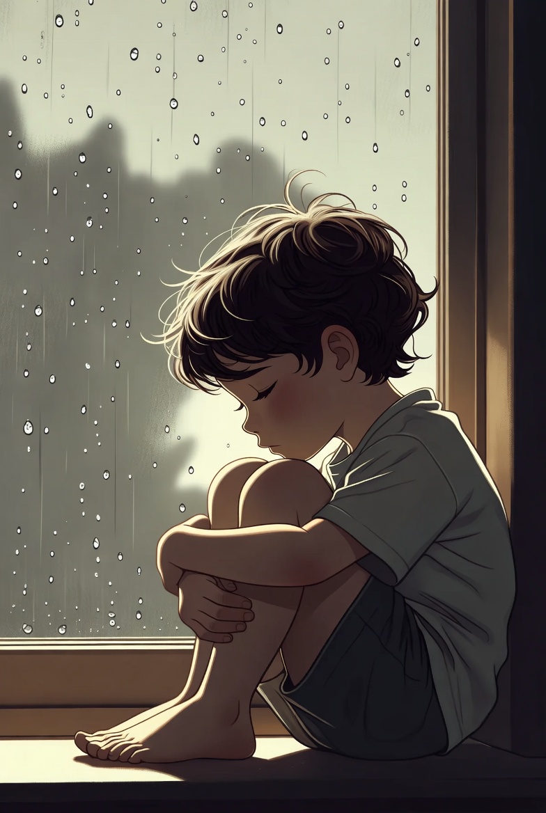Một em nhỏ ngồi thu mình bên cửa sổ — minh họa dấu hiệu thay đổi cảm xúc ở trẻ