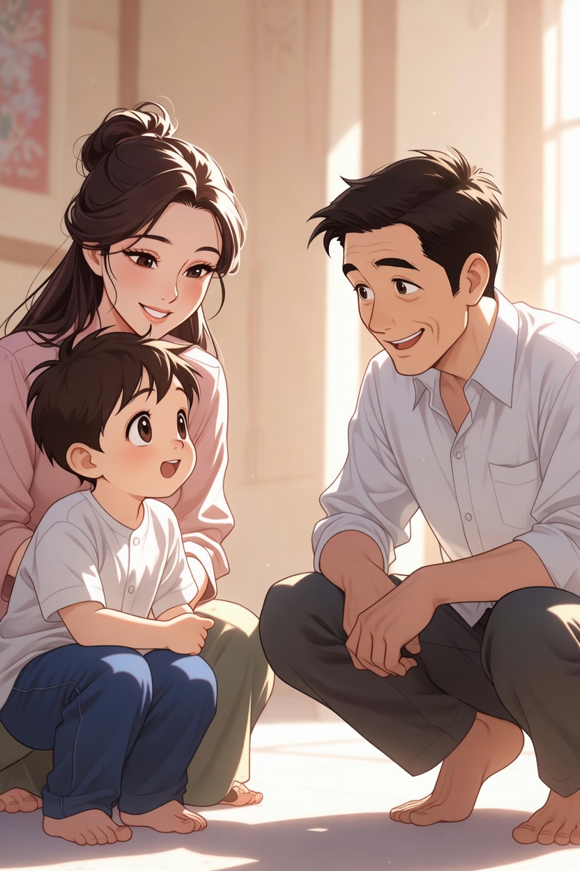 Cha mẹ ngồi ngang tầm mắt trò chuyện với con — minh họa cách kỷ luật tích cực