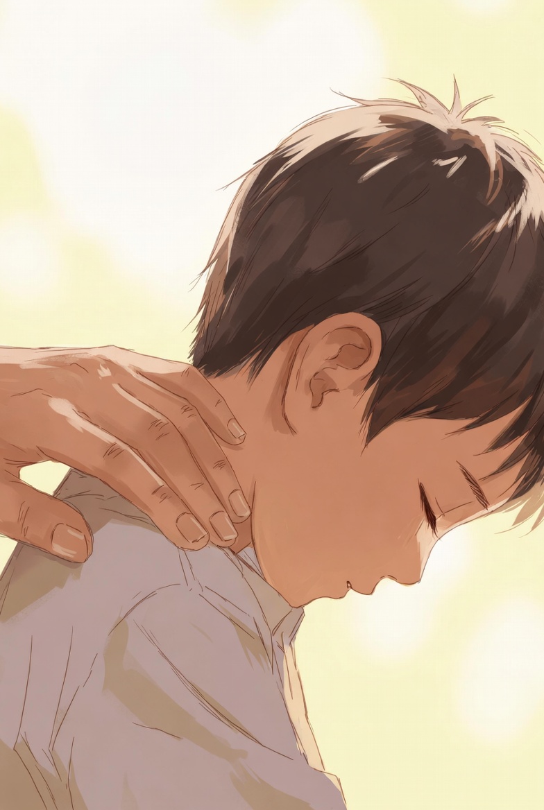 Bàn tay người lớn nhẹ nhàng đặt lên vai trẻ nhỏ — biểu tượng của sự đồng hành chữa lành