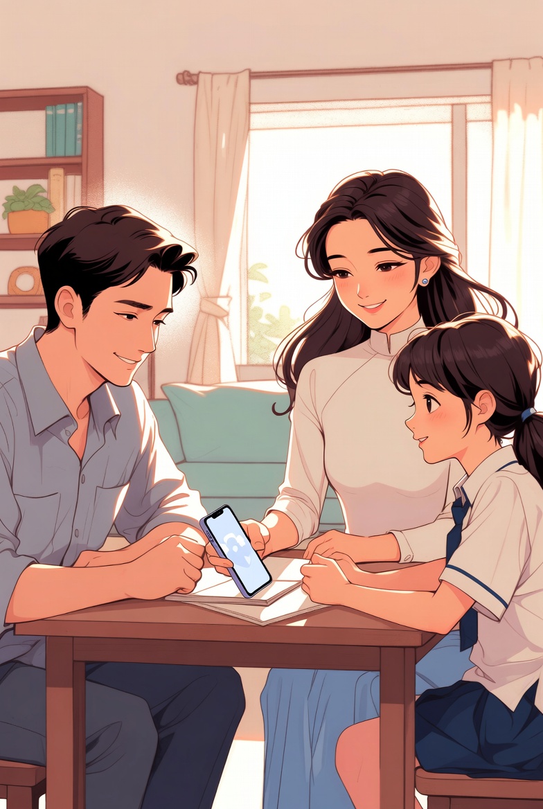 Cha mẹ và con cùng ngồi lập quy tắc sử dụng điện thoại — minh họa quản trị mạng xã hội trong gia đình