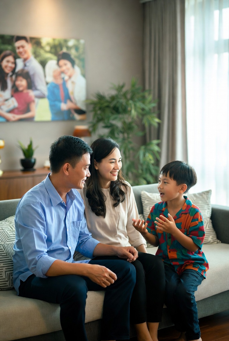 Cha mẹ ngồi trò chuyện nhẹ nhàng với con trong phòng khách — minh họa gia đình an toàn và lắng nghe trẻ