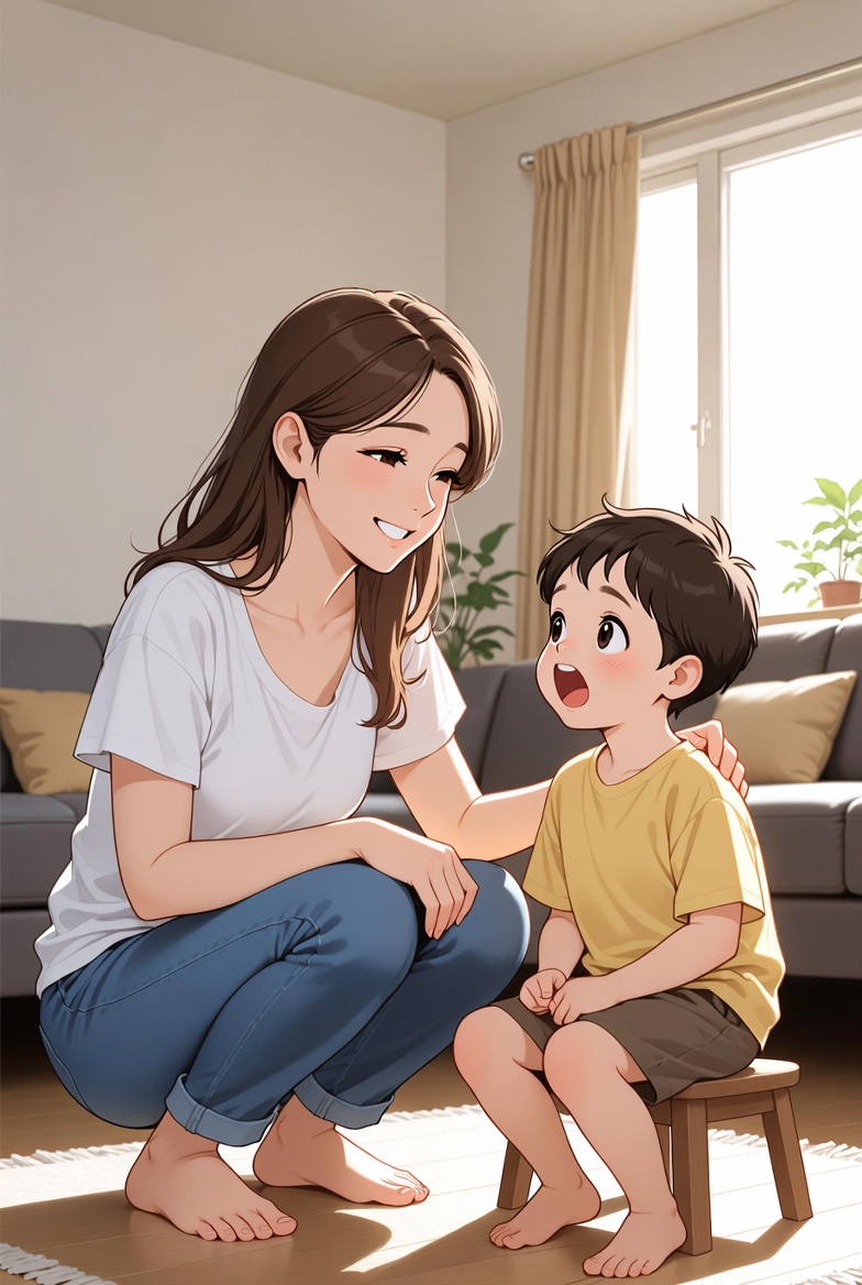 Một người mẹ ngồi ngang tầm mắt lắng nghe con — minh họa phản ứng an toàn khi trẻ thay đổi hành vi.