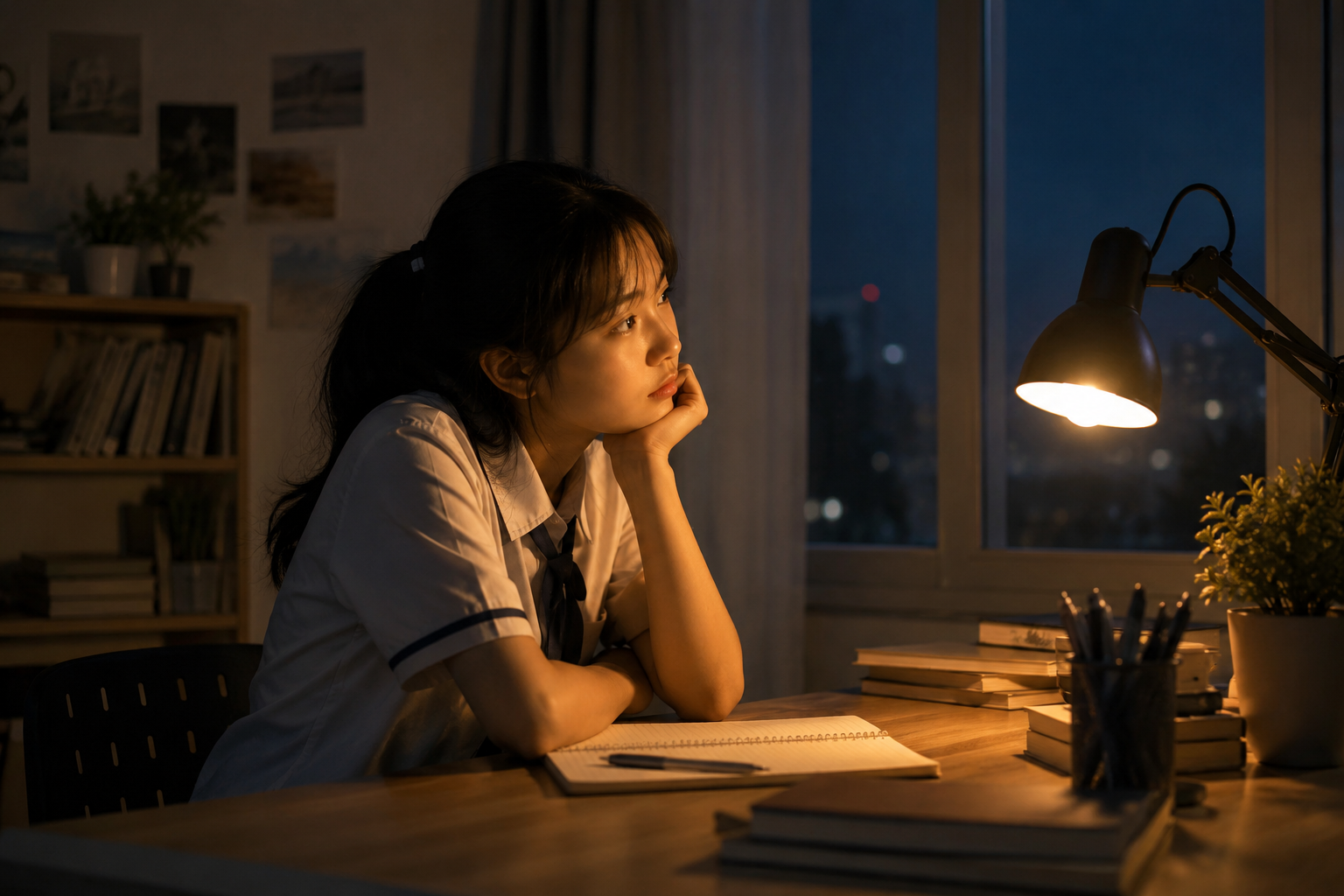 Một bạn học sinh ngồi bên bàn học lúc đêm khuya dưới ánh đèn ấm, khoảnh khắc lắng lại với cảm xúc của mình