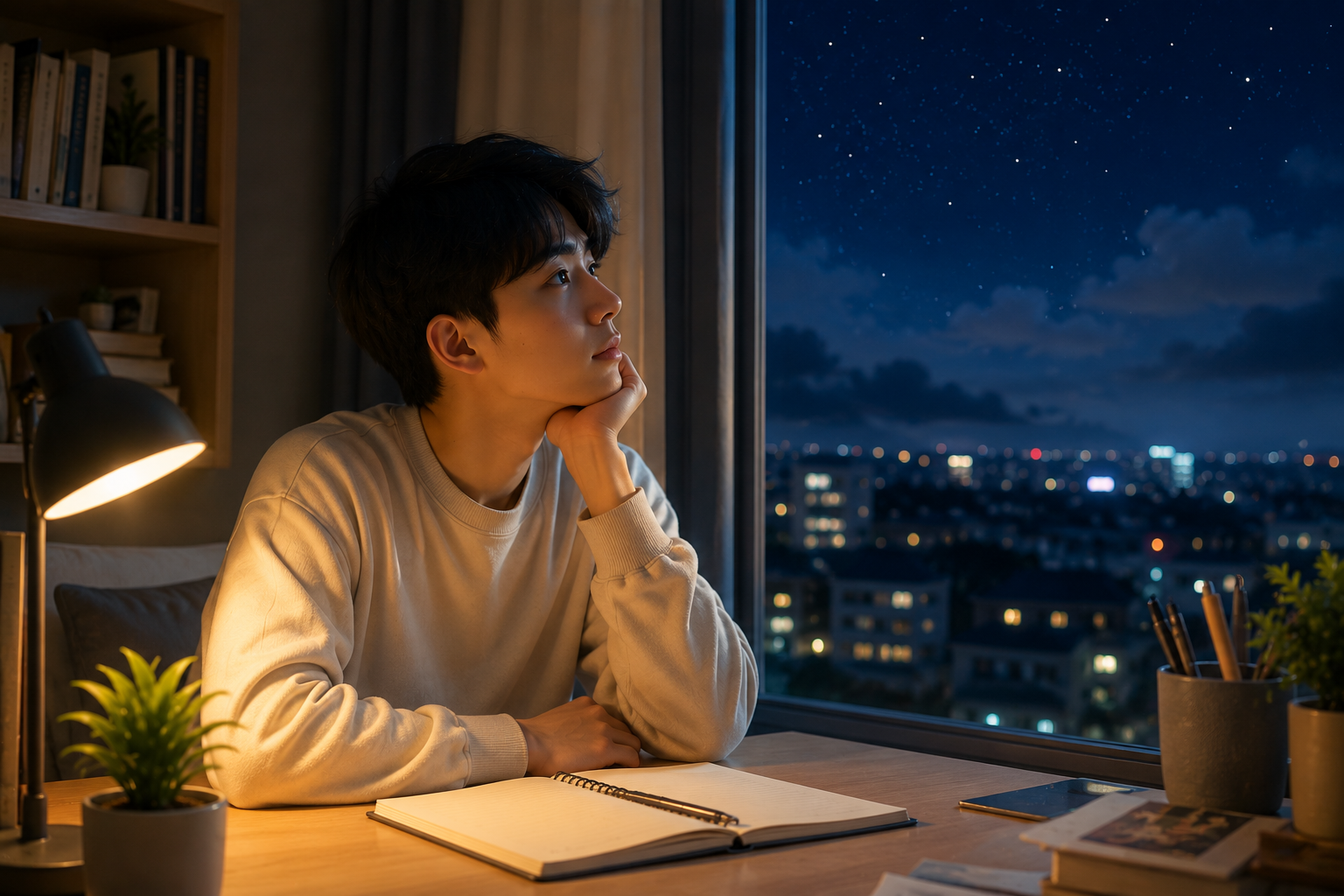Một bạn trẻ ngồi yên lặng bên cửa sổ buổi tối, dành thời gian lắng nghe chính mình