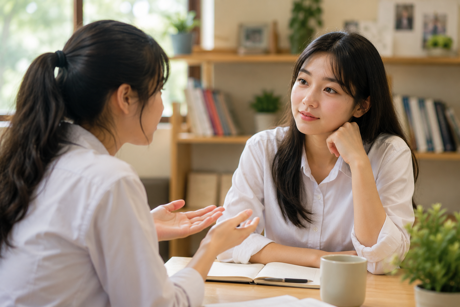 Một bạn học sinh chăm chú lắng nghe bạn kể chuyện với ánh mắt cởi mở, không phán xét