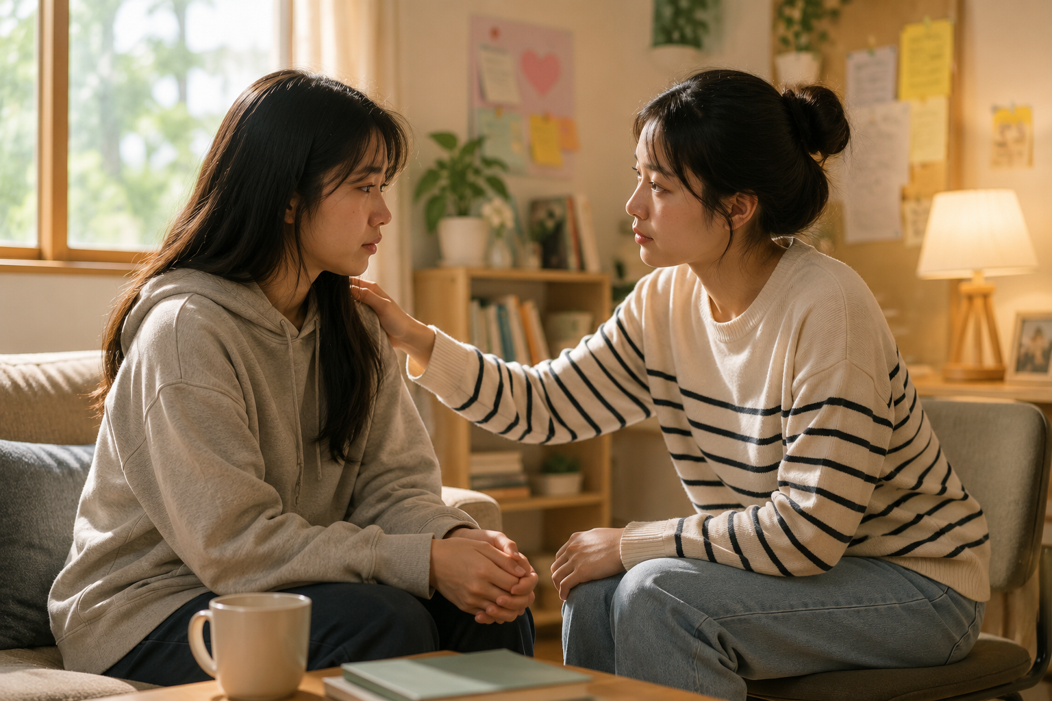 Hai người bạn ngồi đối diện nhau, một bạn đặt tay lên vai bạn mình khi lắng nghe tâm sự