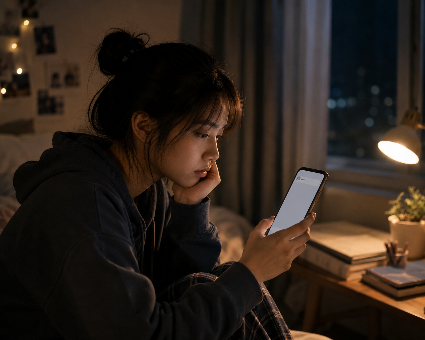 Một bạn trẻ cầm điện thoại nhìn màn hình khung chat trống, ngần ngừ chưa biết nhắn cho ai