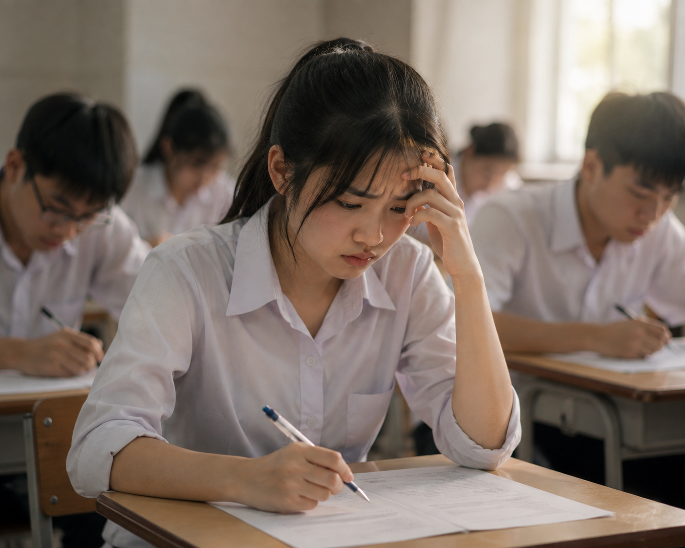 Một bạn học sinh ngồi trong phòng thi trước tờ đề, tay cầm bút với vẻ mặt căng thẳng lo lắng