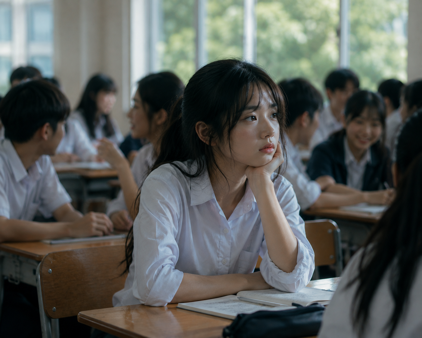 Một bạn học sinh ngồi lặng lẽ giữa lớp học đông bạn bè, ánh mắt hướng ra xa như tách khỏi mọi người
