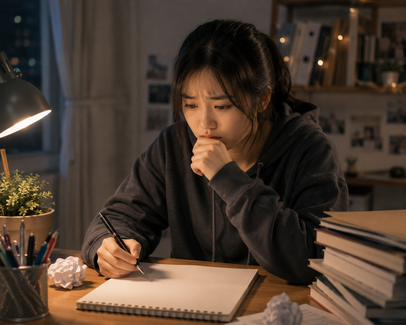 Một bạn học sinh ngần ngừ trước trang giấy trắng, nét mặt lo lắng vì sợ bắt đầu