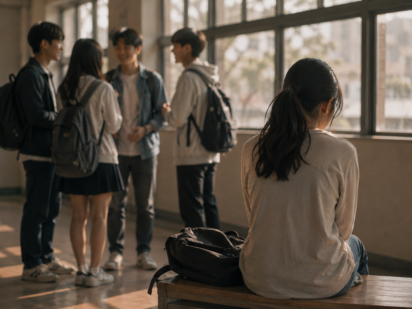 Một bạn trẻ ngồi quay lưng lại, tách khỏi một nhóm người phía sau, gợi cảm giác bị hiểu lầm và lạc lõng