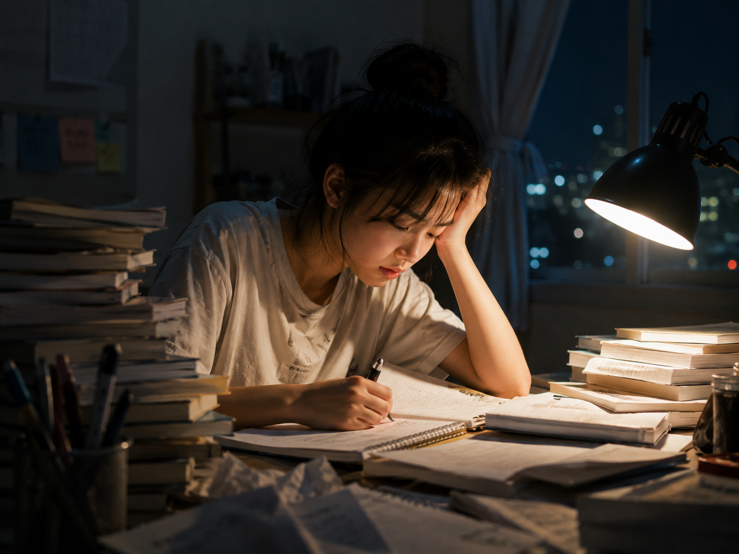Một bạn học sinh mệt mỏi ngồi bên chồng sách vở lúc đêm khuya, ánh đèn bàn học hắt xuống